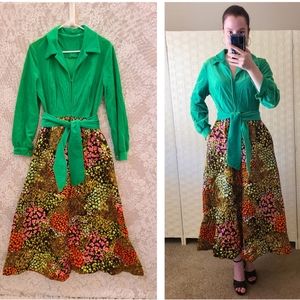 Vintage 1970s Evelyn Pearson Green Quilt Dress House Dress Long Sleeve Maxi 70s